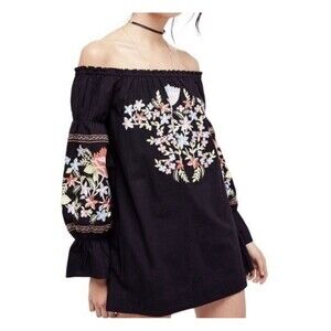 Free People Fleur Du Jour Black Embroidered Off The Shoulder Mini Dress Boho XS